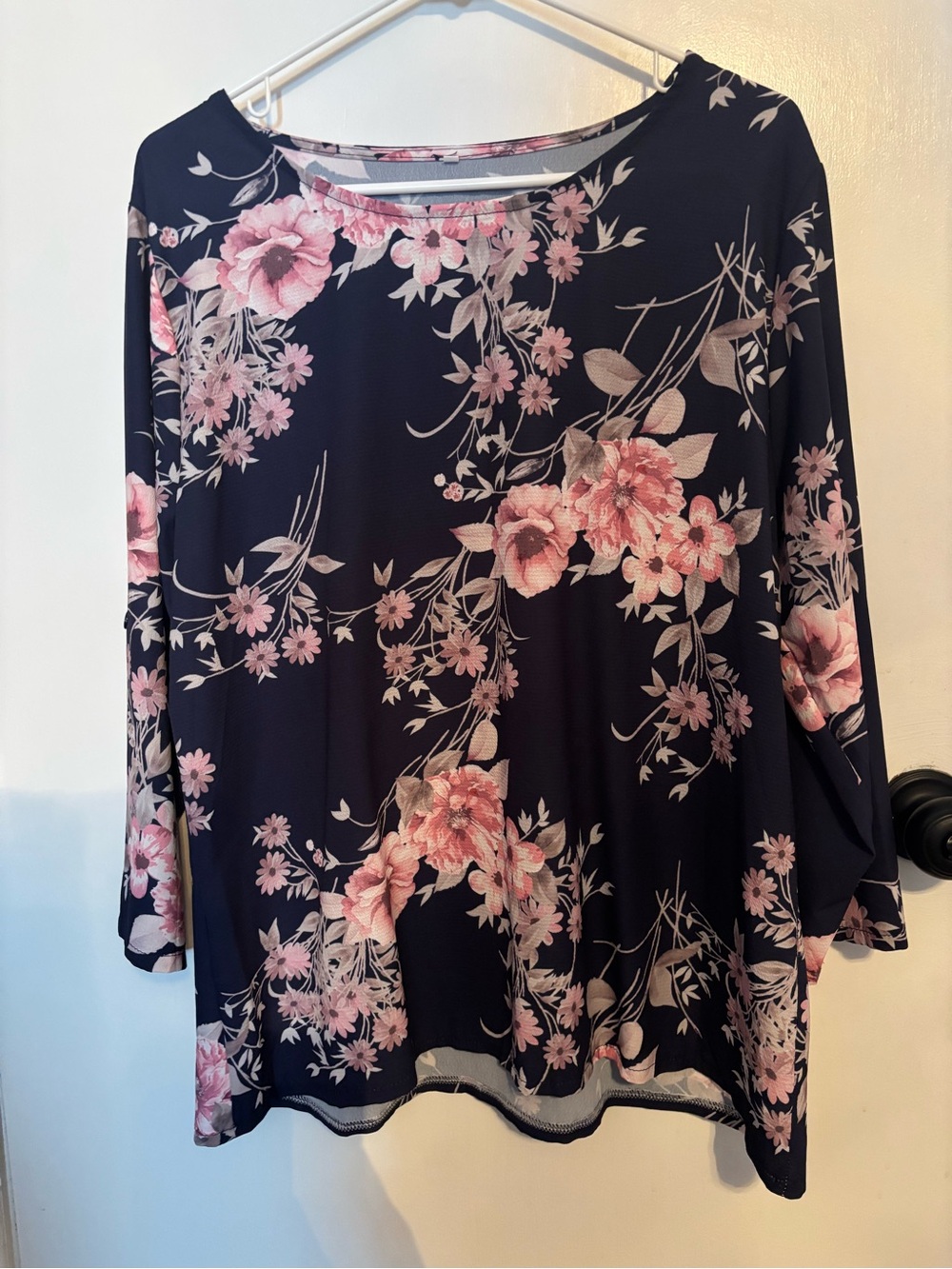 Floral Print Navy and Pink 3/4 Sleeve Women's Top